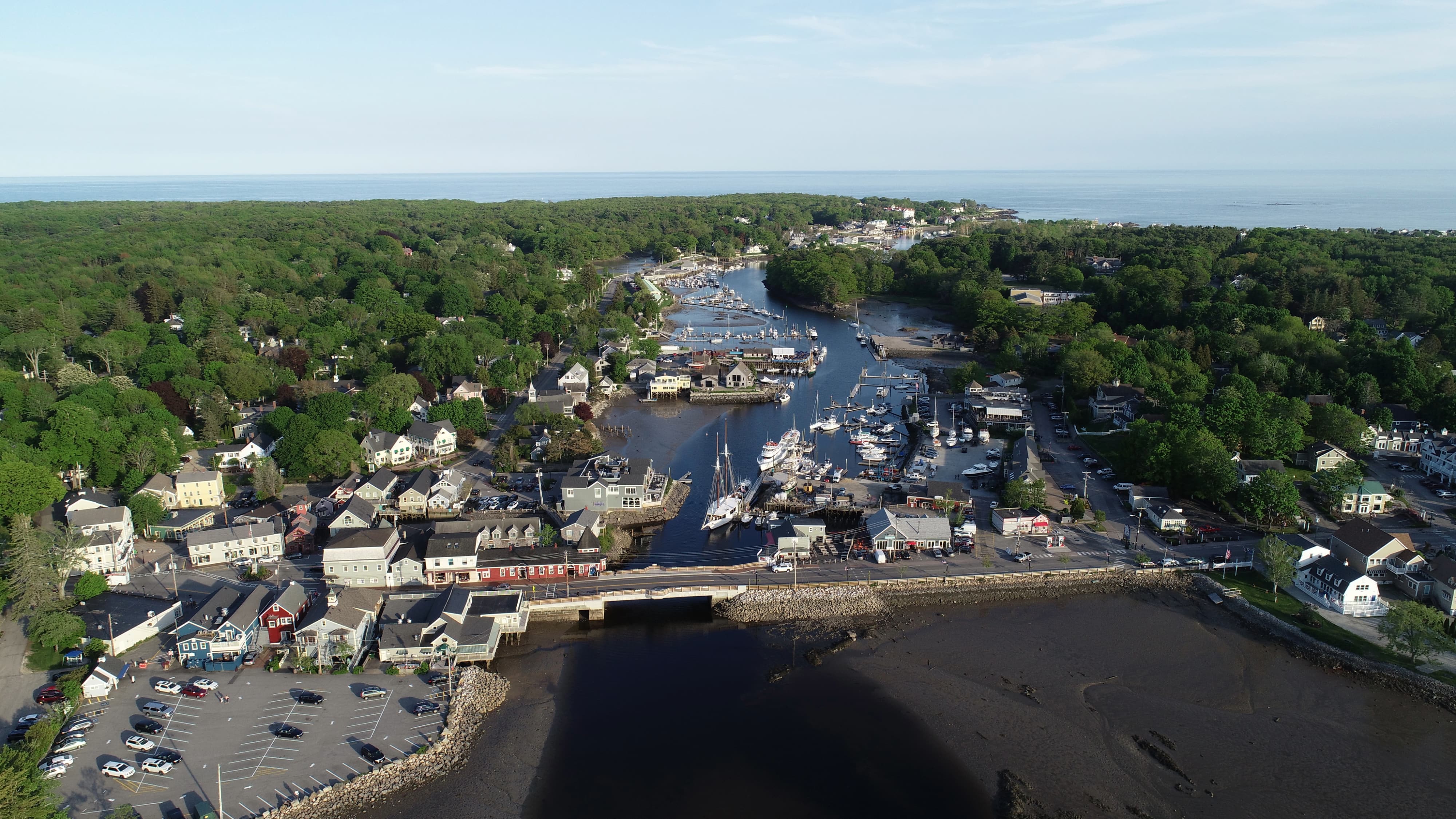 Aerial view of Kennebunkport with boats docked