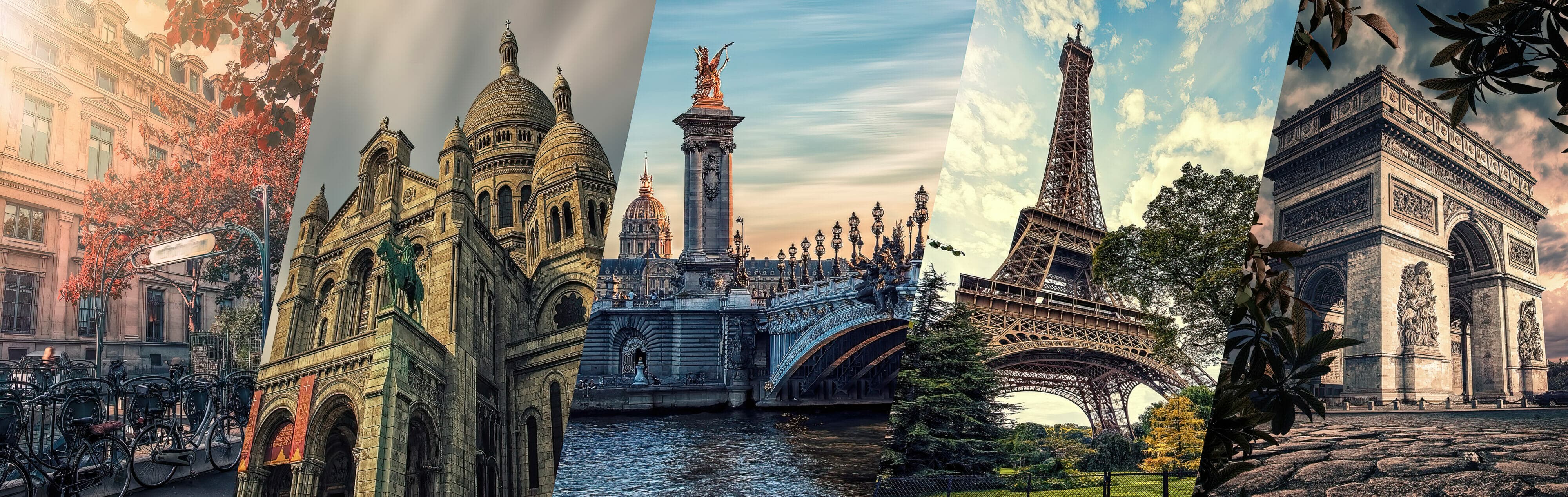 Collage of famous european landmarks including a classical building, a cathedral, a monument, the eiffel tower, and an arch bridge, showcasing architectural diversity