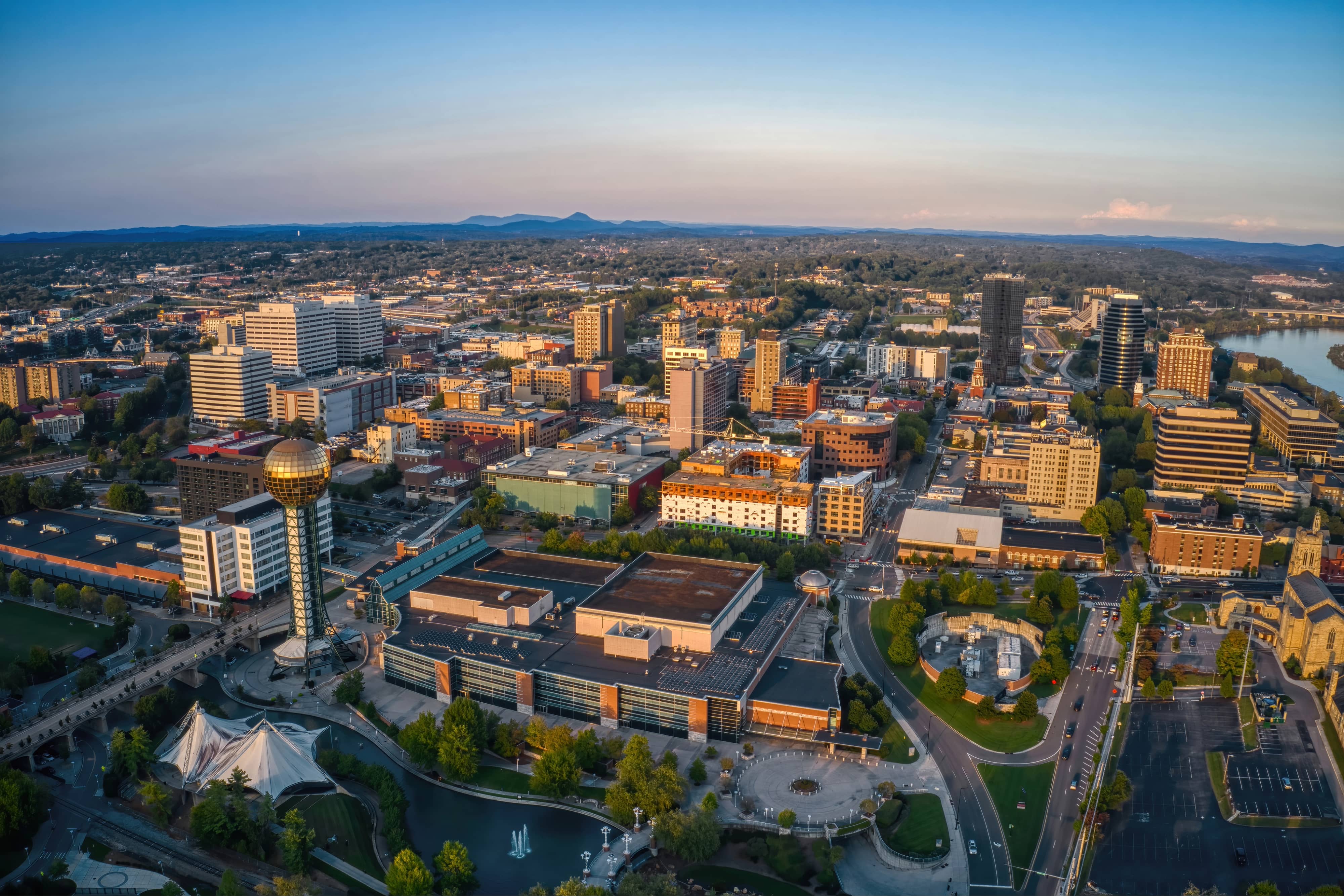 Aerial View of Knoxville, Tennessee during Dusk
