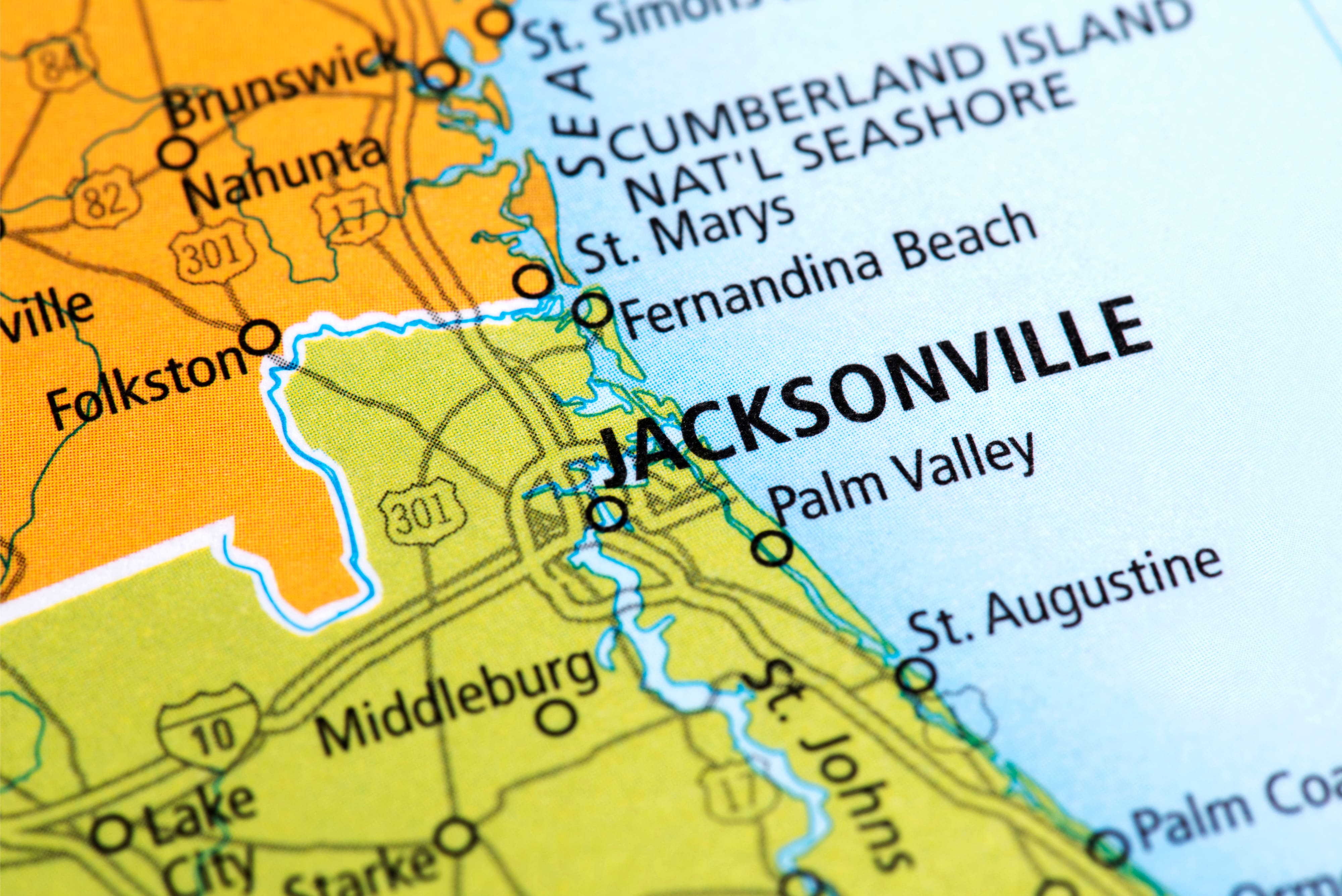 Map of Jacksonville in Florida State, USA
