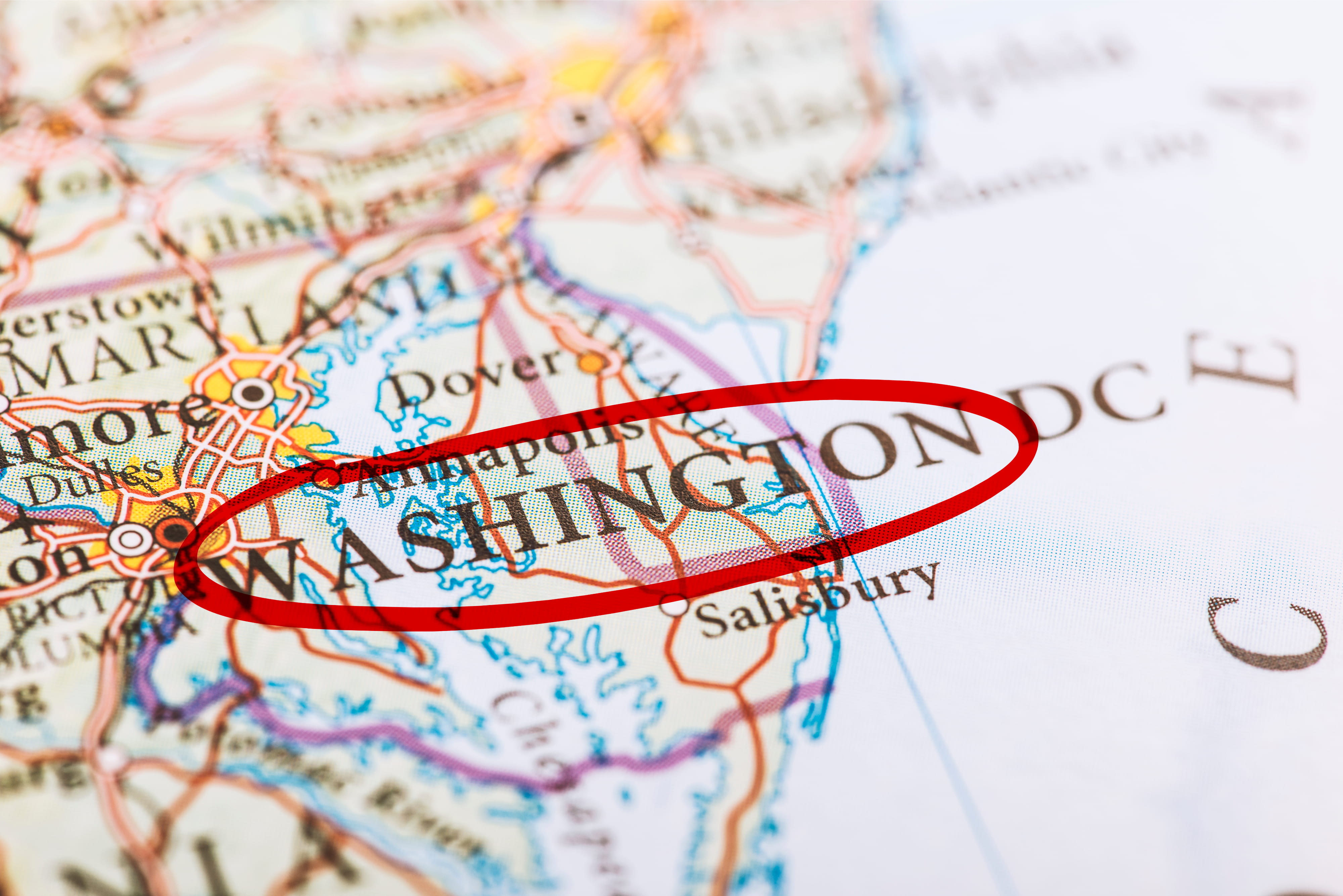 Washington DC city marked on map