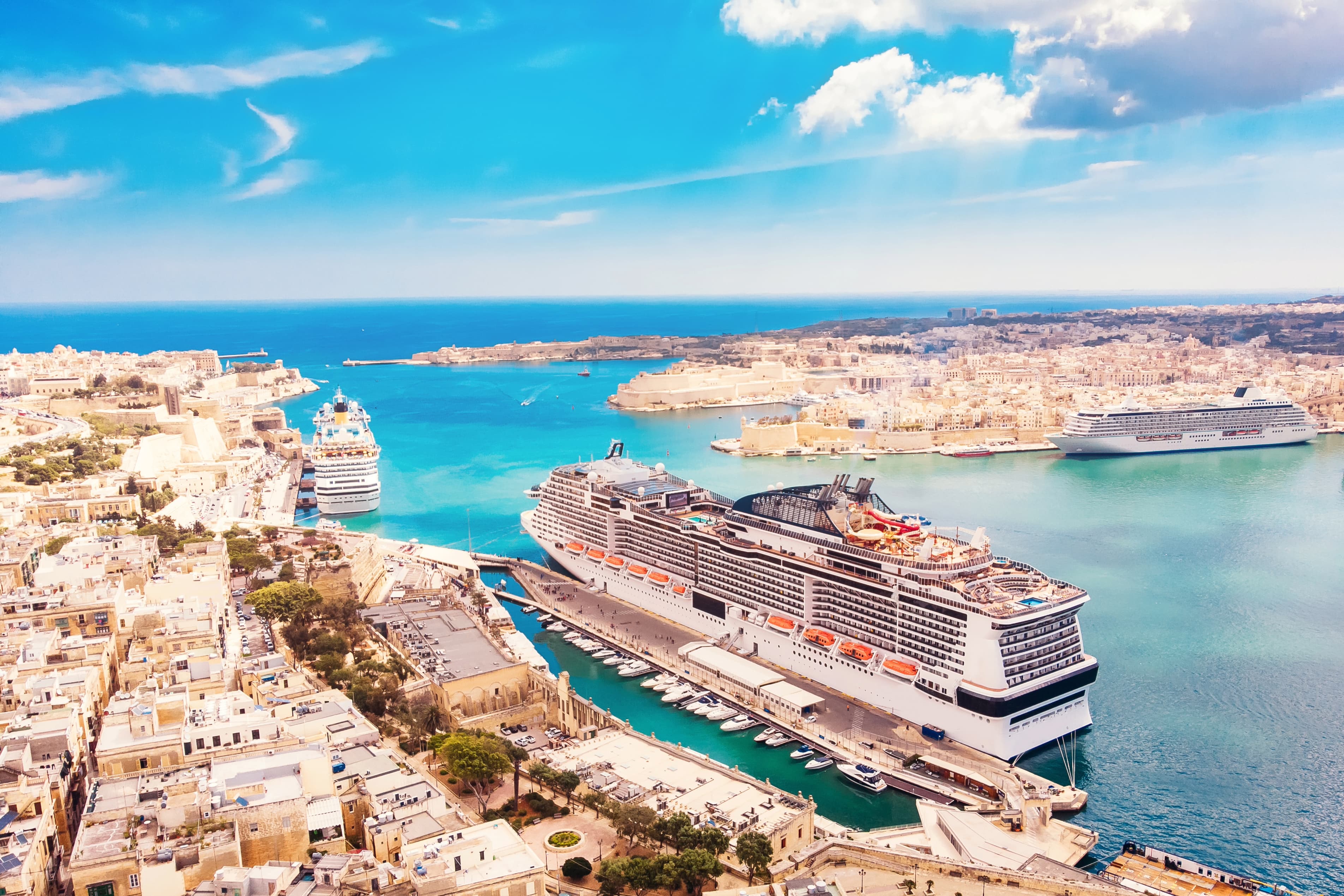 Aerial view photo of cruise ship liners at the port of Valletta, Malta