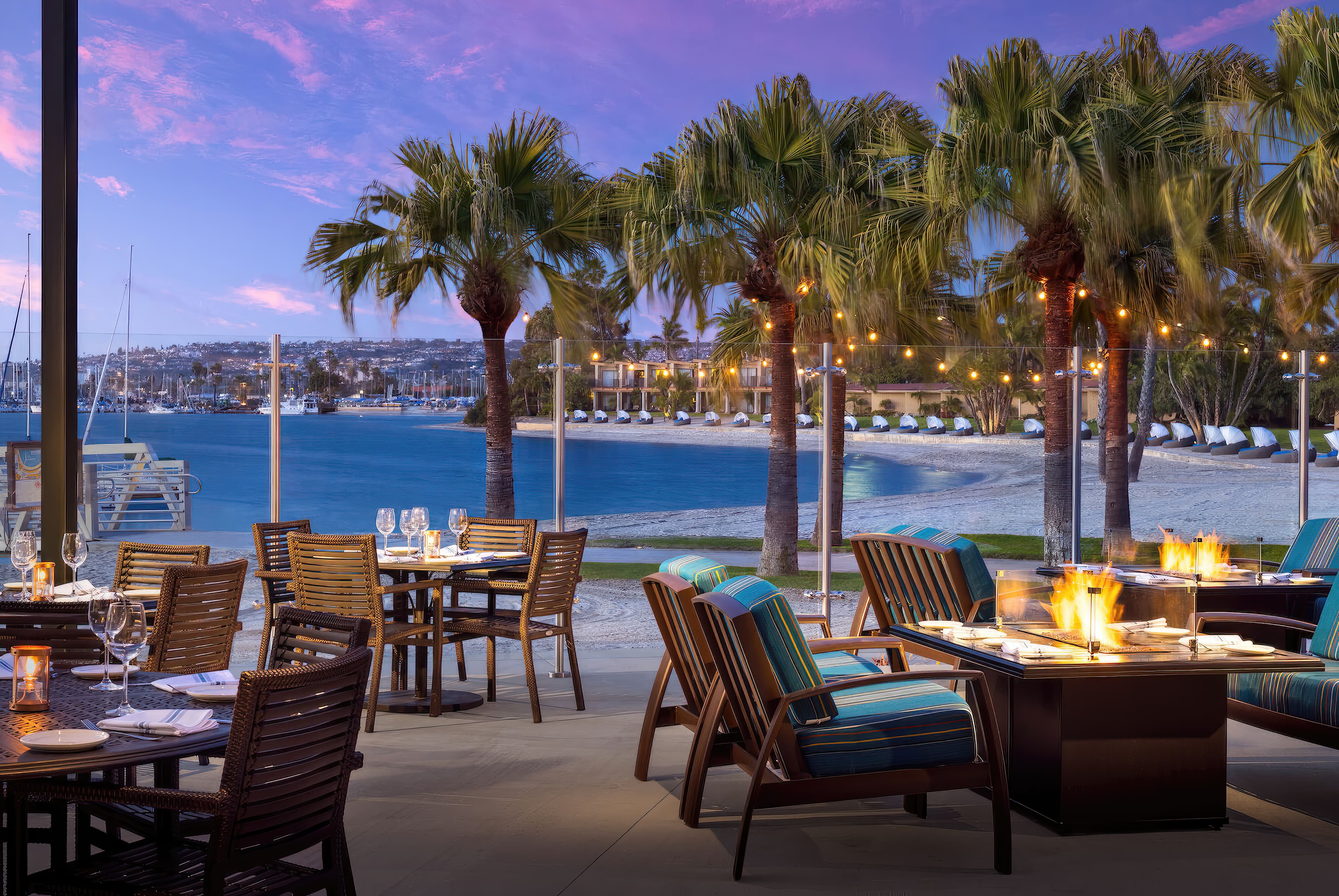 A view of the beach from Dockside 1953, the waterfront restaurant in Mission Bay, San Diego at the Bahia Resort Hotel