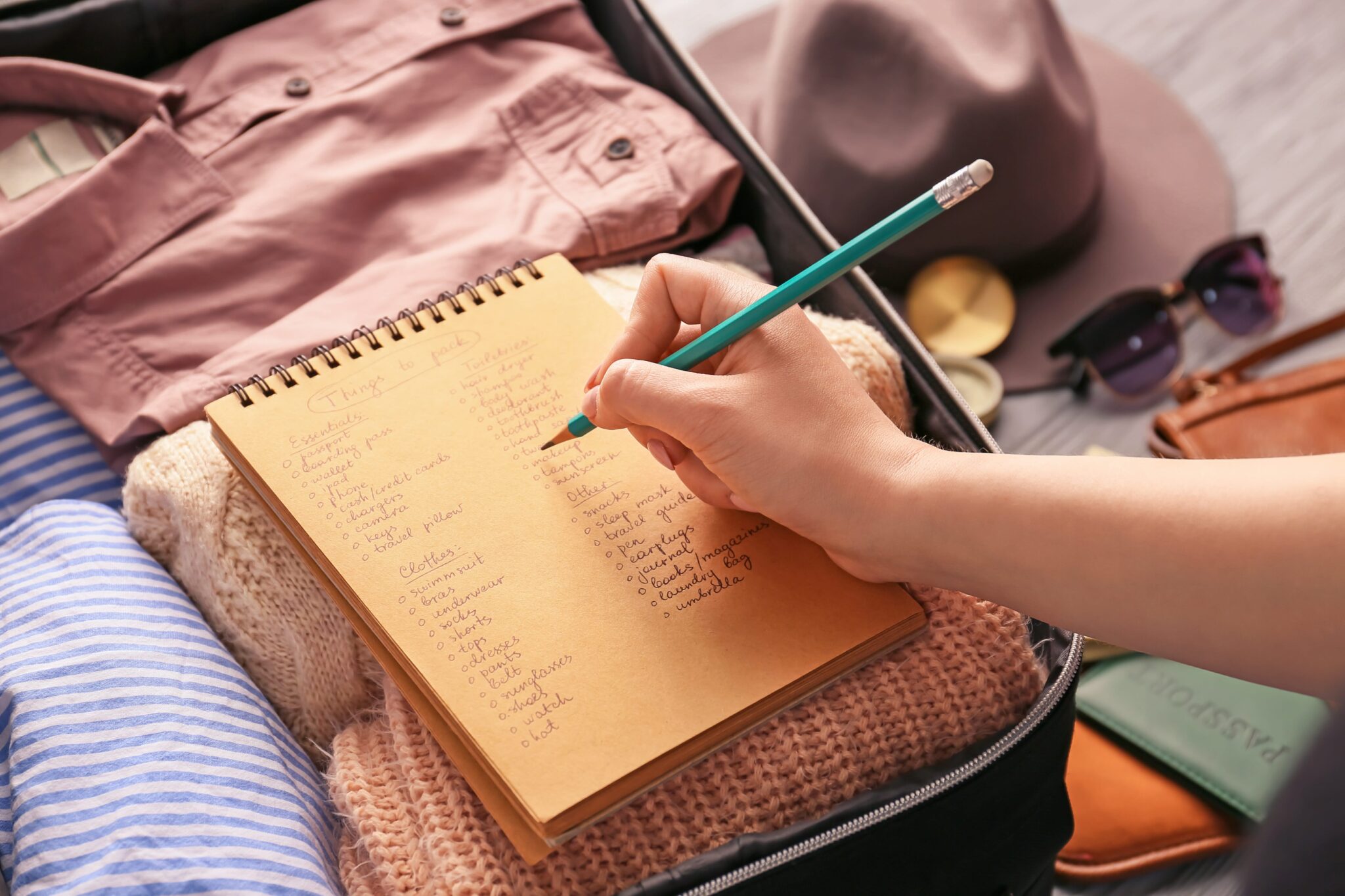 Woman making check-list of things to pack for travel