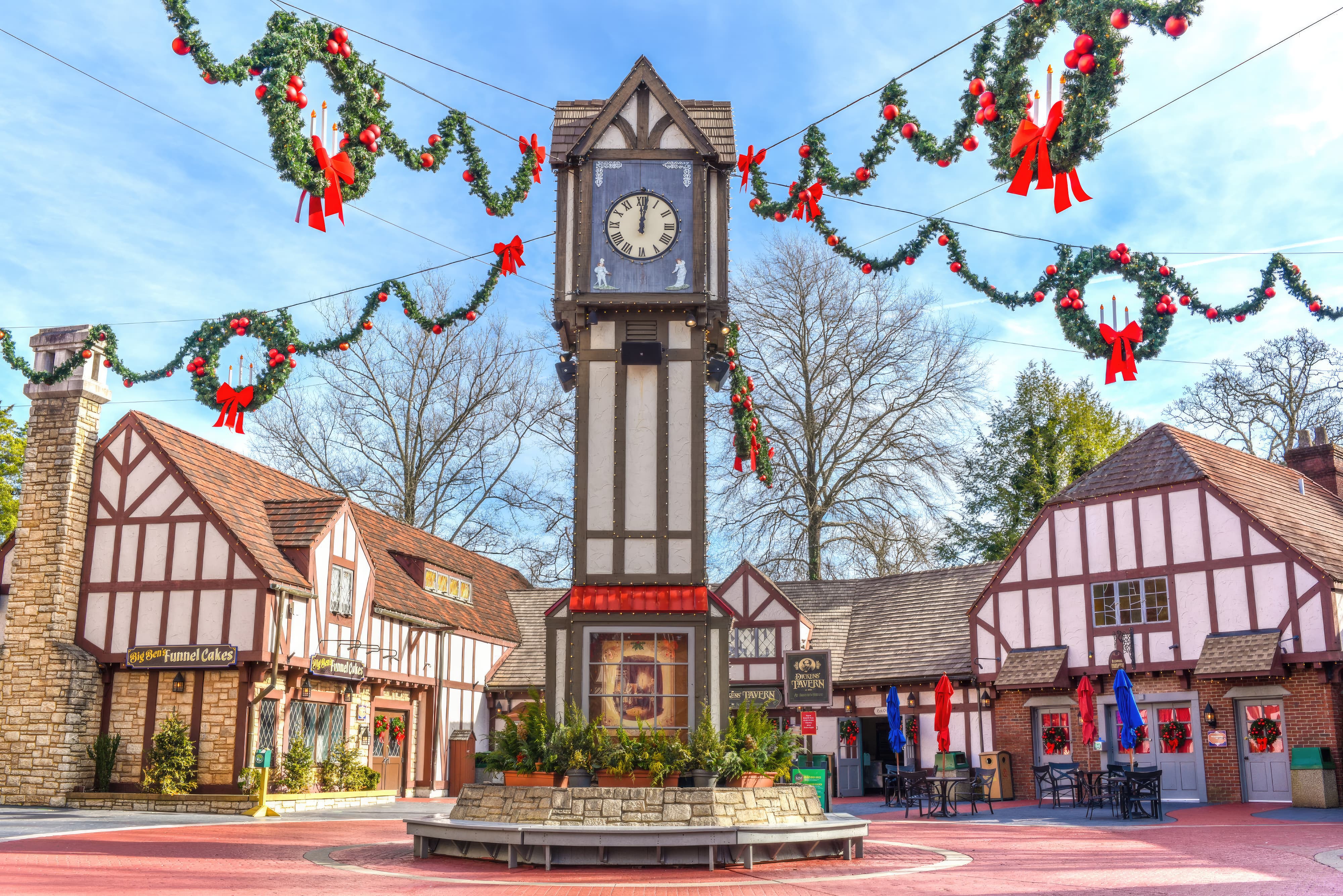 The main entrance and clock tower of Busch Gardens Williamsburg at the English village