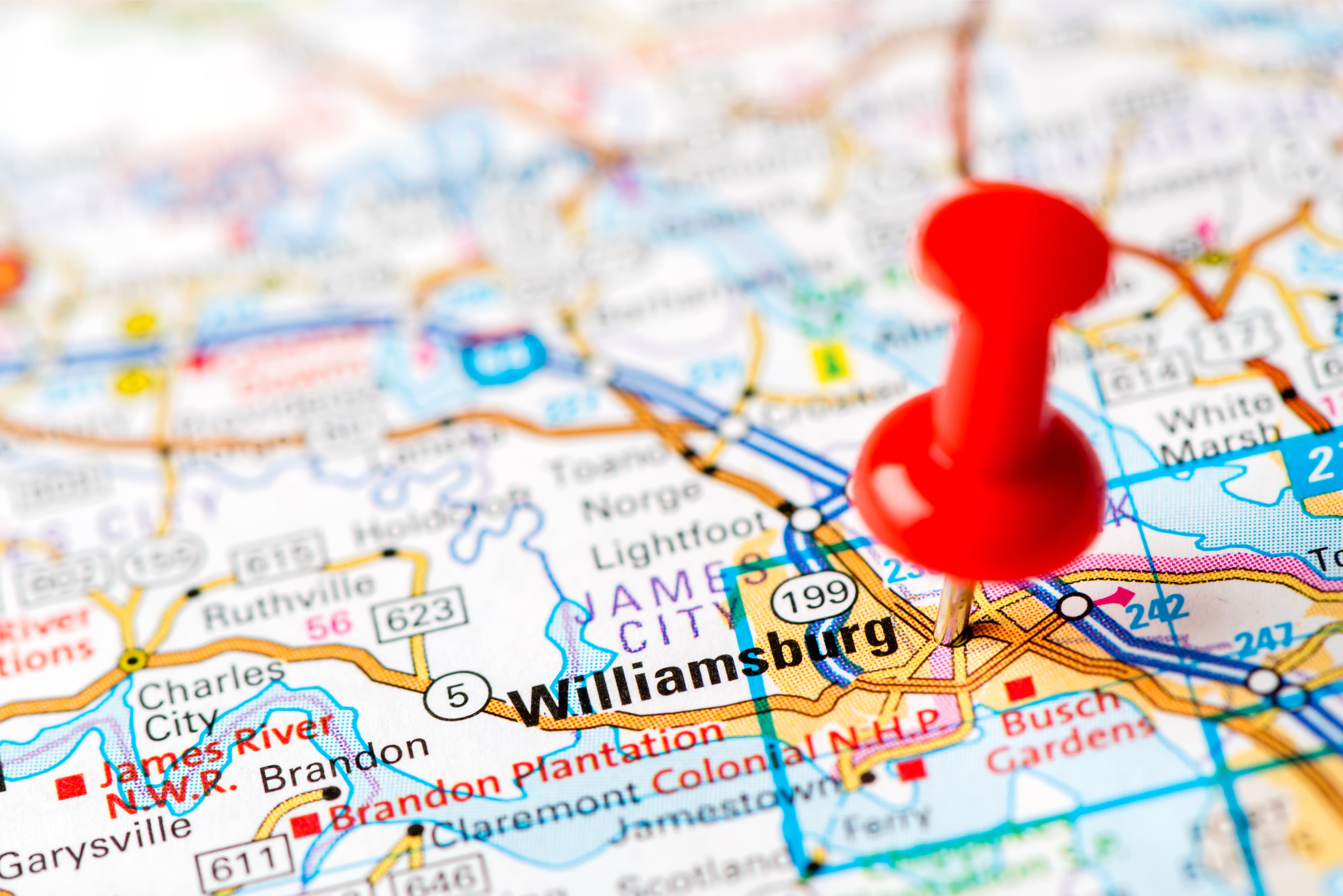 US capital cities on map series: Williamsburg, VA