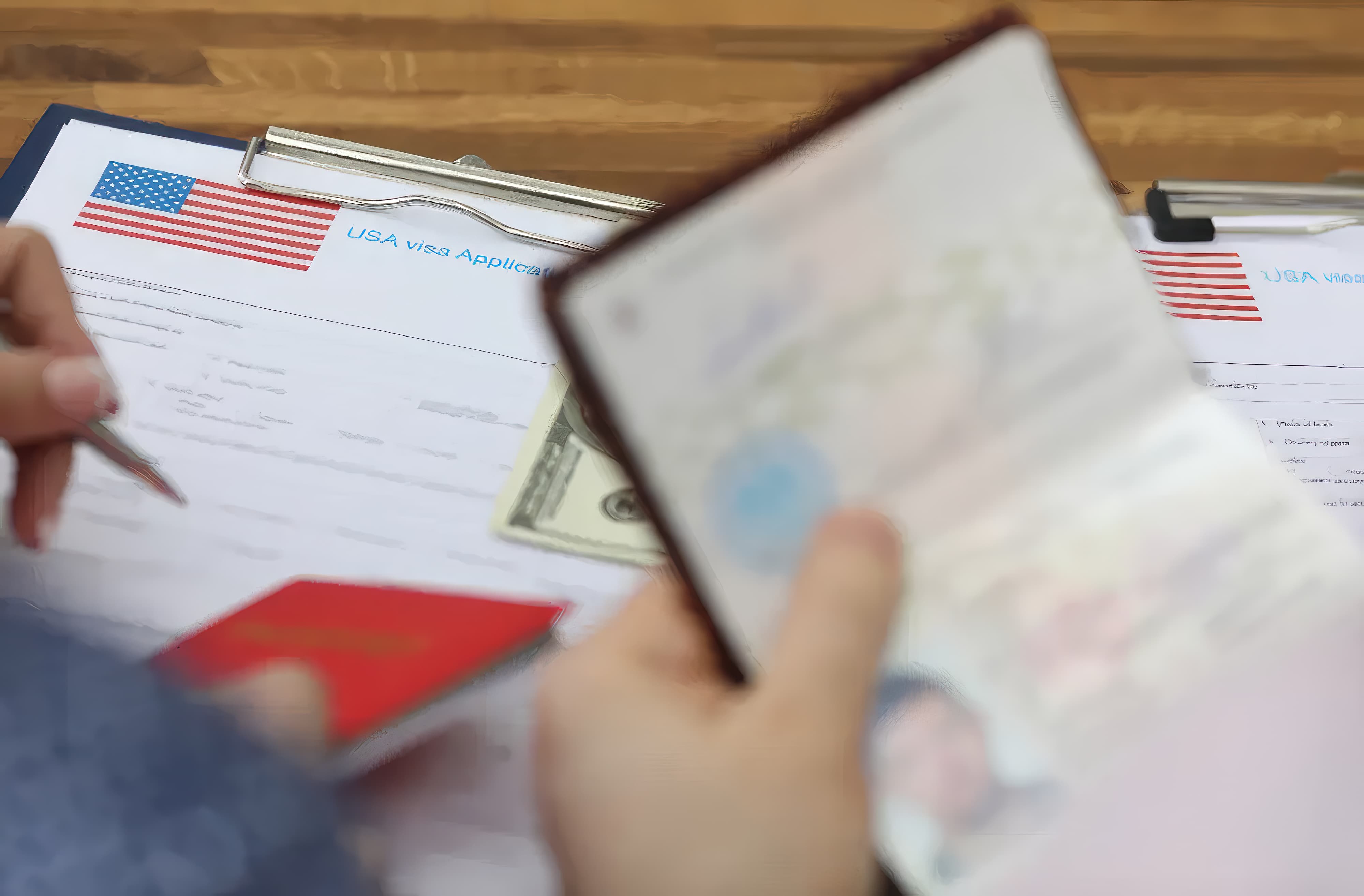 A person is filling out a USA Visa Application form while holding a passport