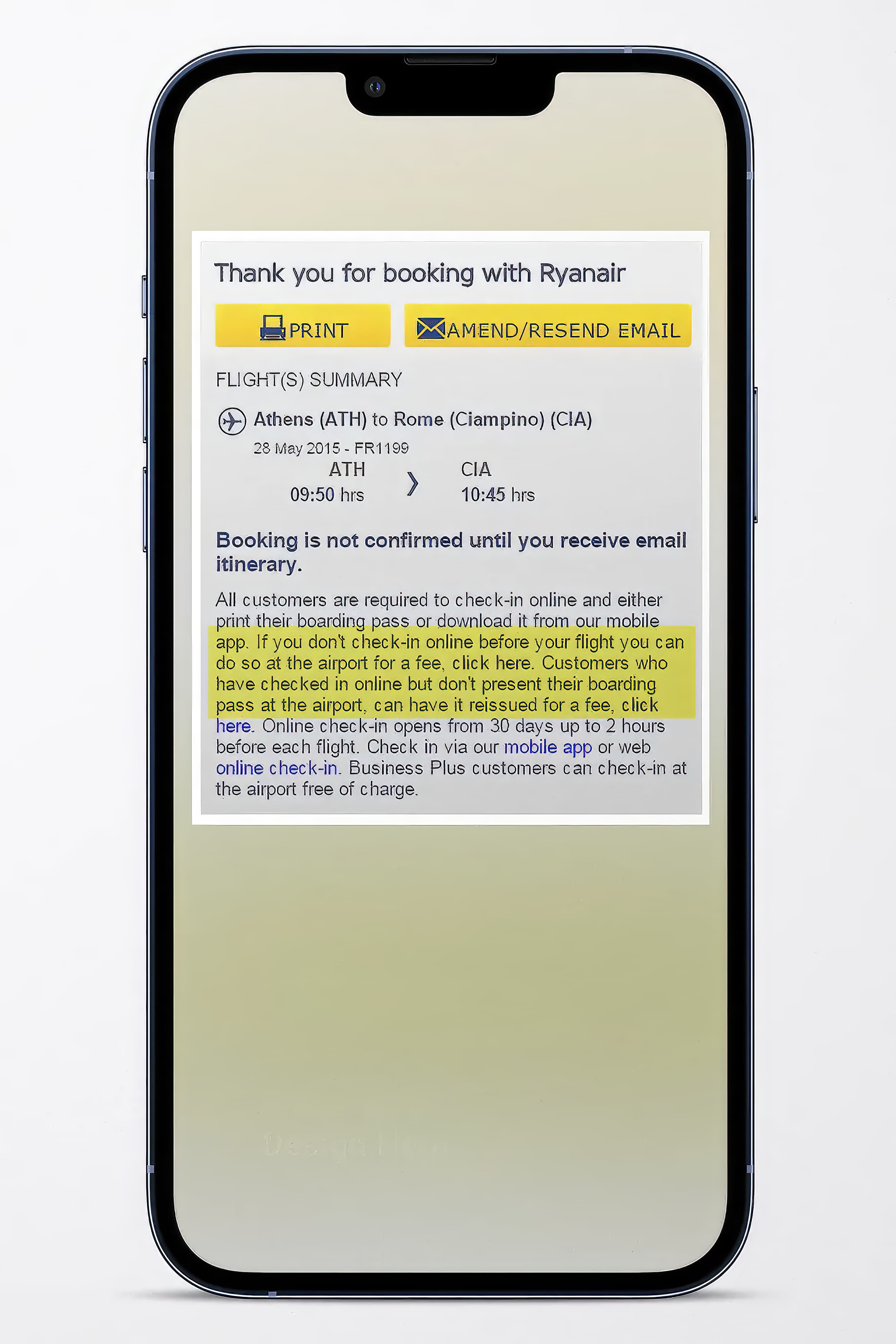An iPhone 13 with a "Thank you for booking a flight with Ryanair" message displayed on it