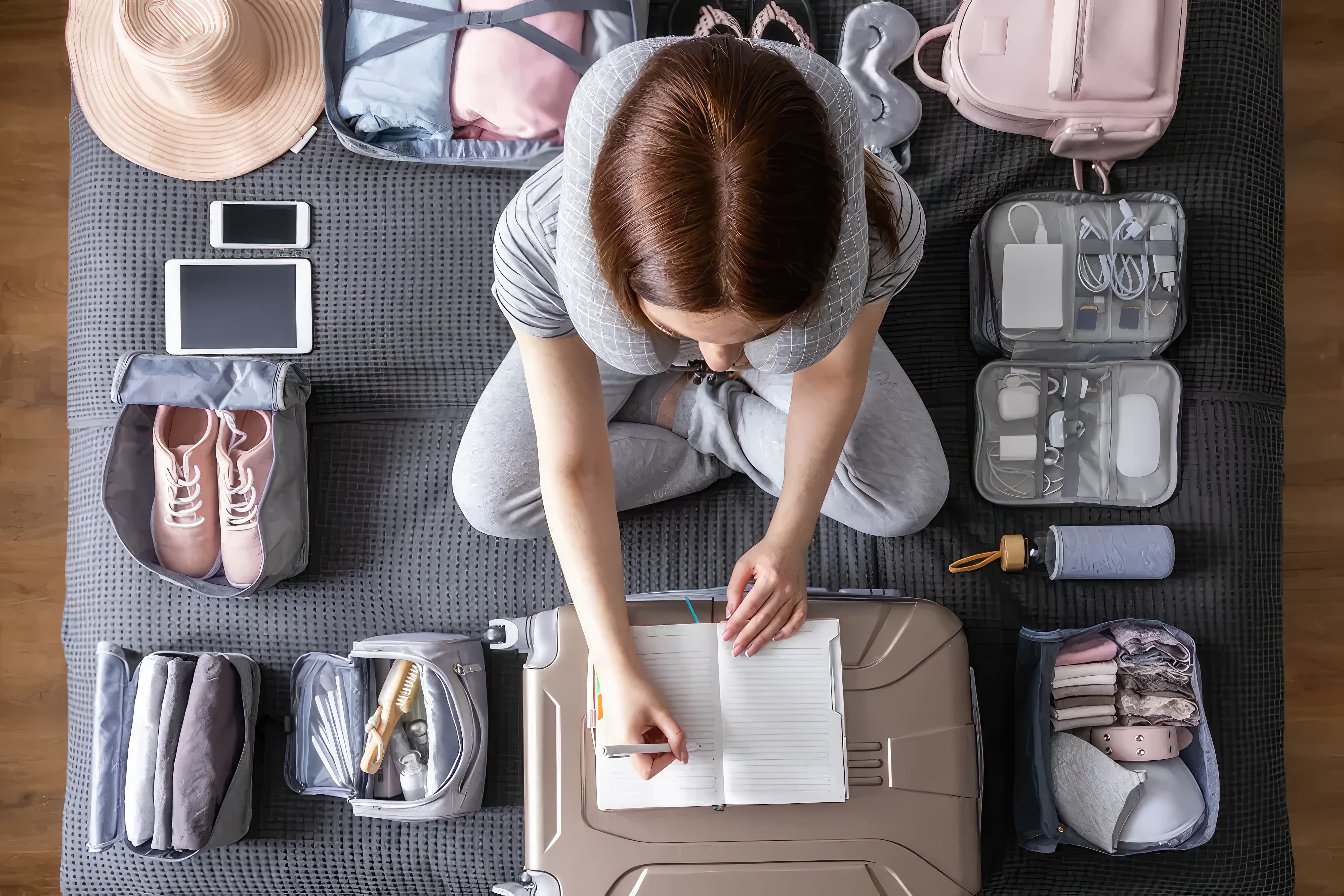 A woman is sitting on a bed with her luggage making a packing list for her trip