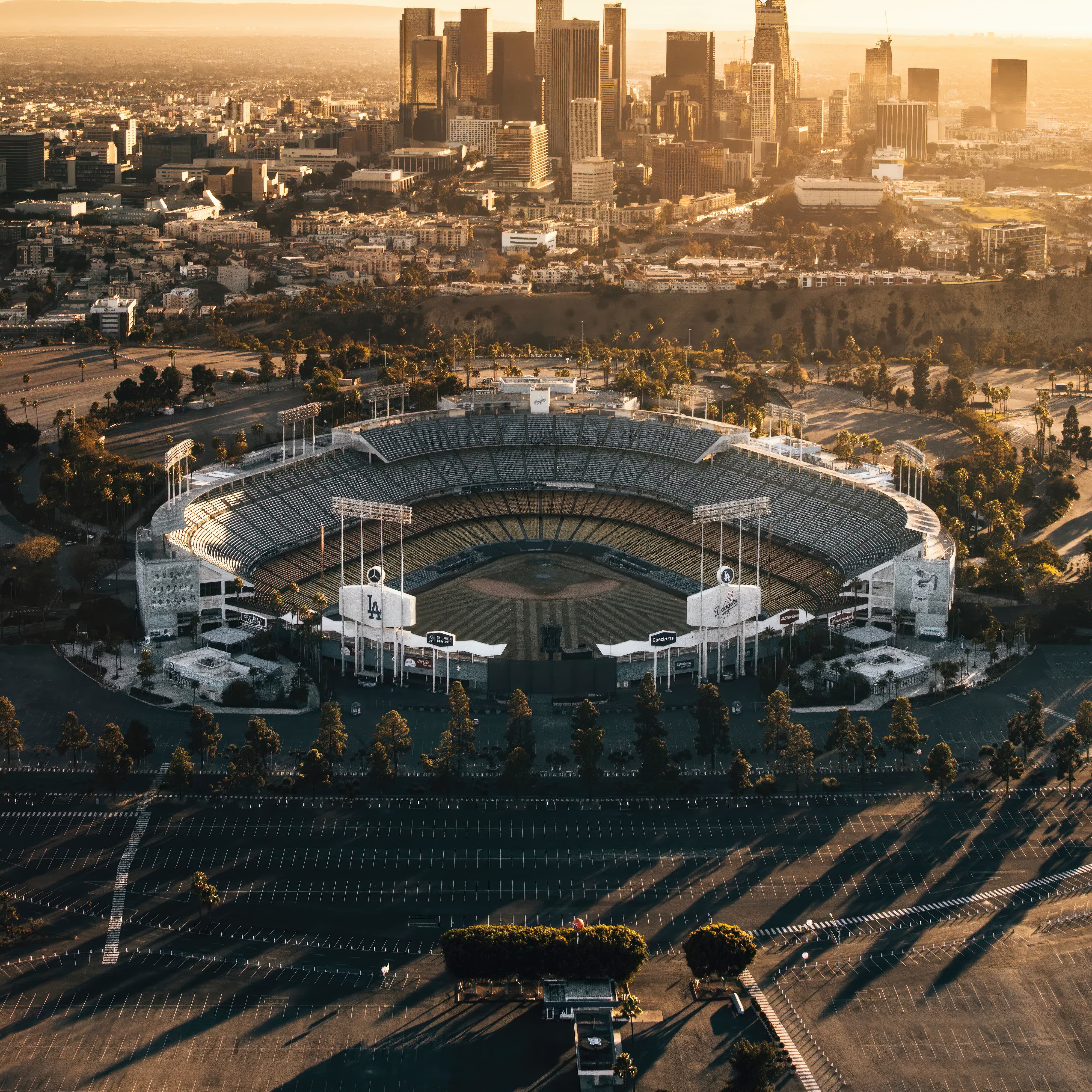 Aerial view of Dodgers Stadium during sunrise