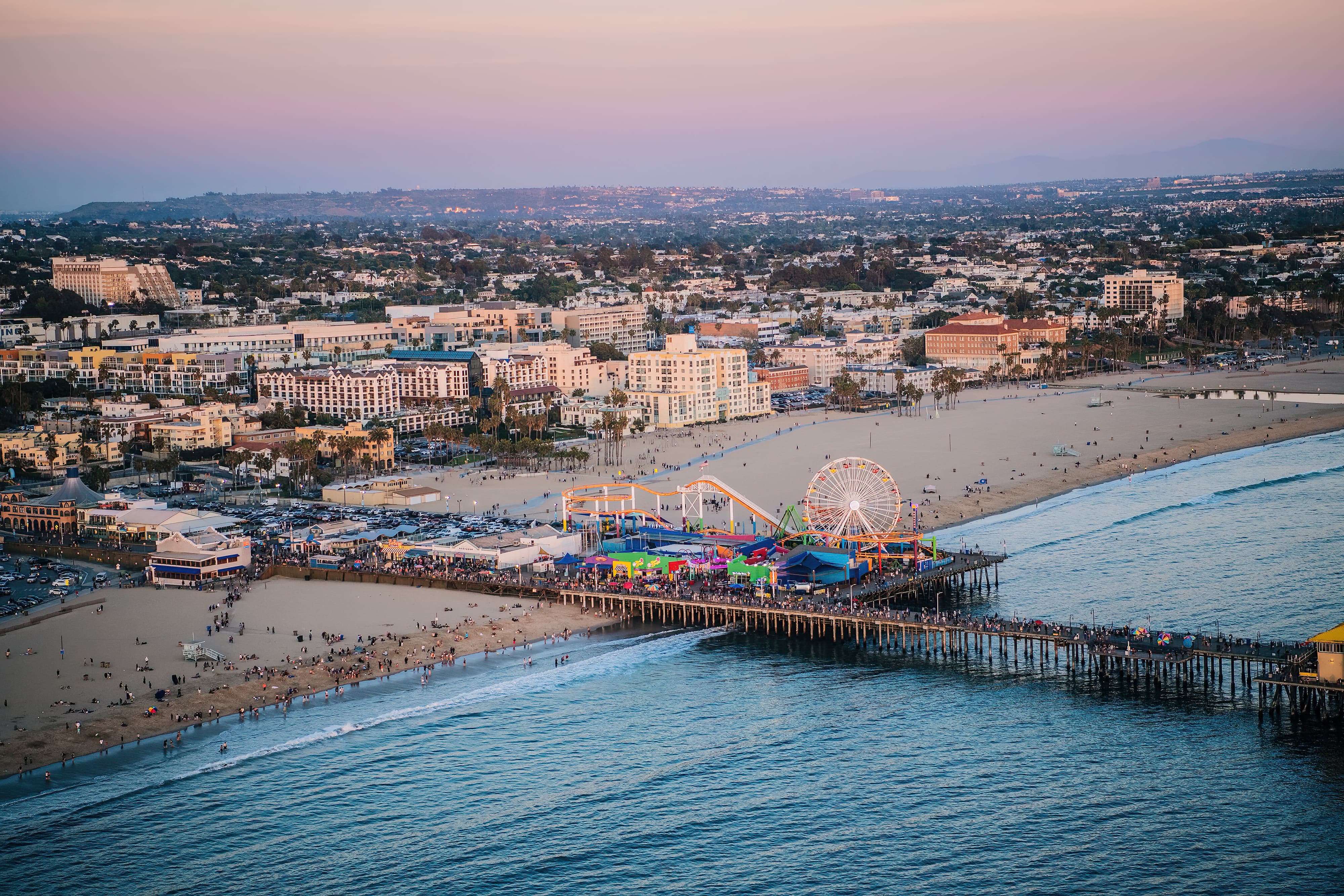 Pier and beach with amusement park, high angle, Santa Monica, California, USA
