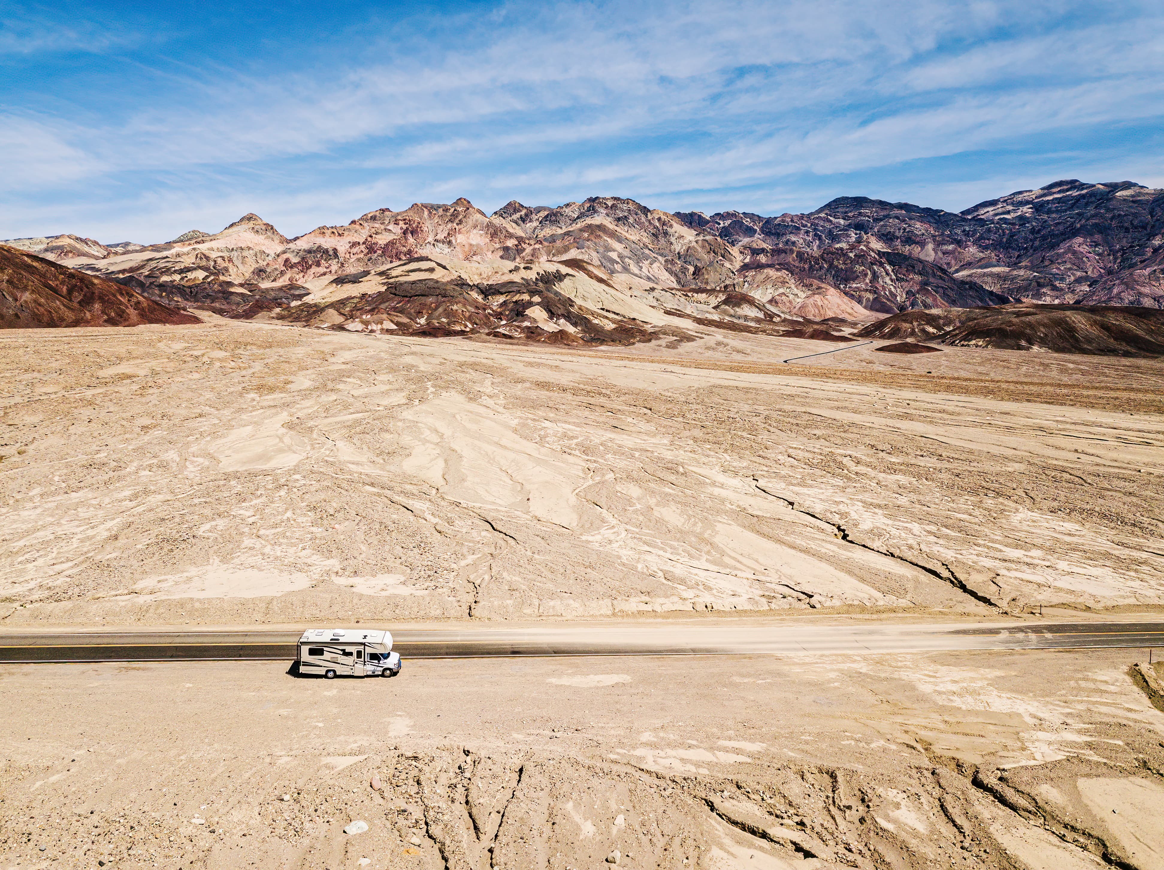 A moving caravan at Death Valley National Park in California