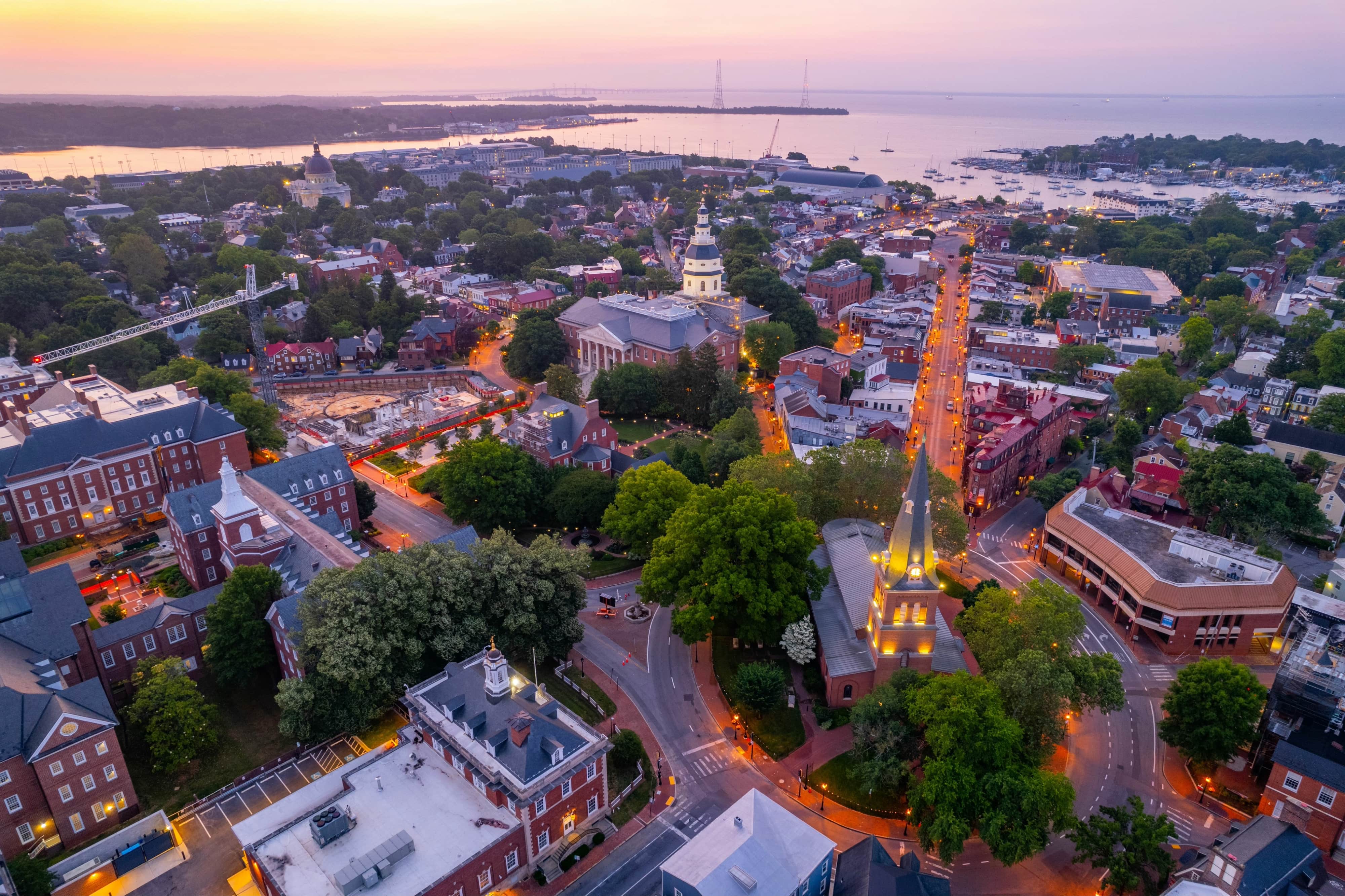 Aerial view of Chesapeake Bay of Annapolis, Maryland at sunrise