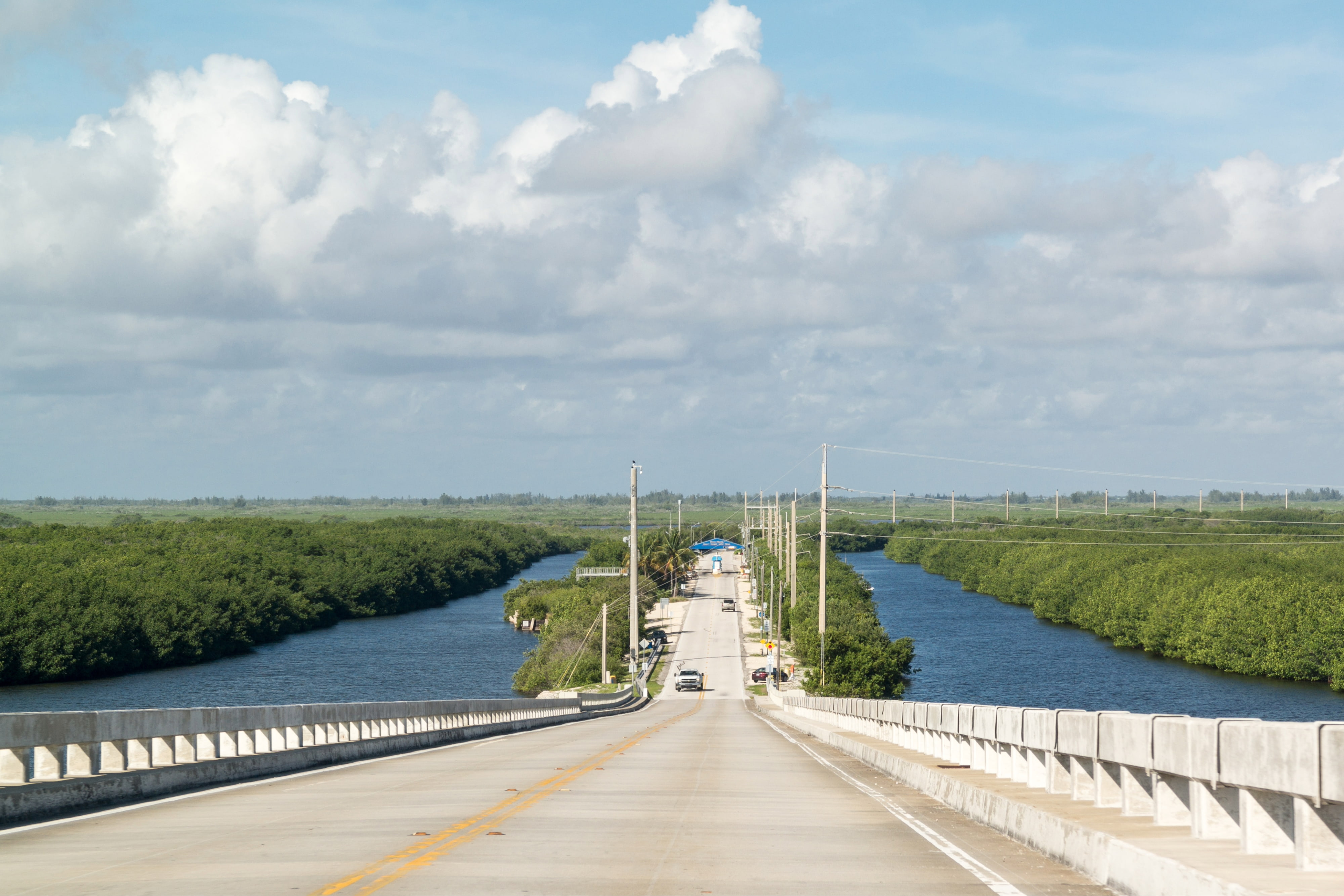 Card Sound Road toll plaza from bridge, route from Key Largo, Florida Keys to Miami, USA