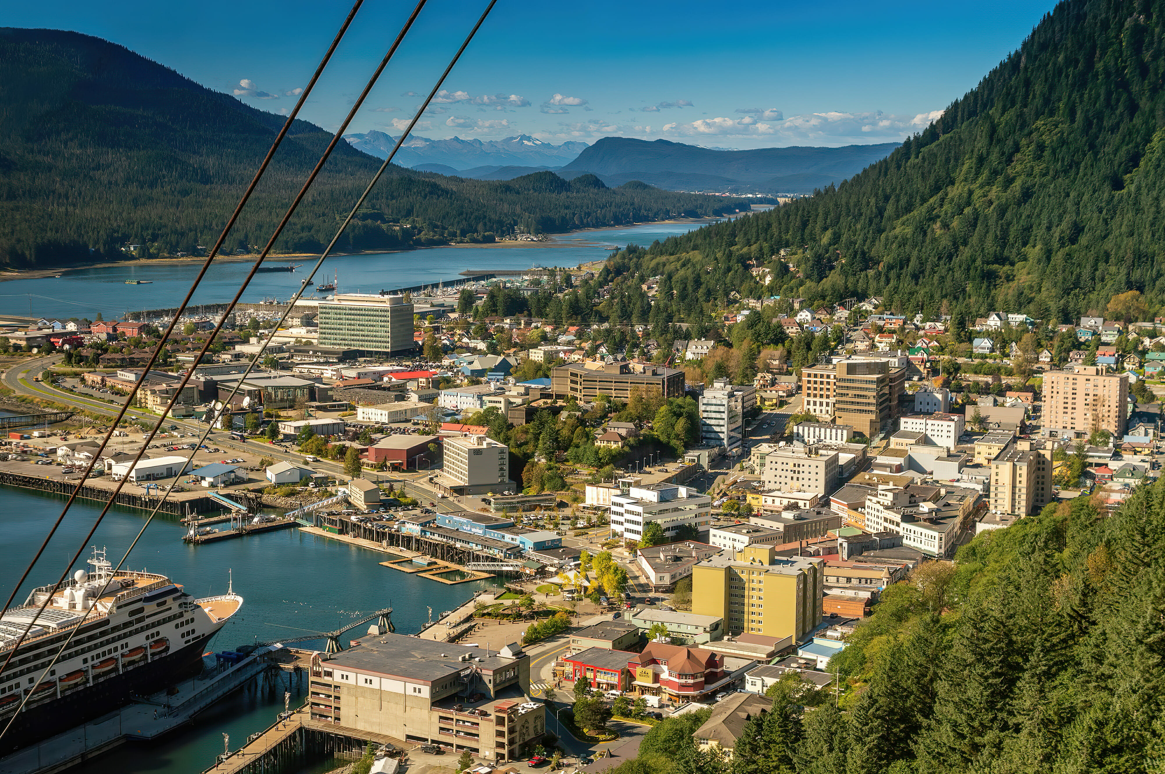 City of Juneau and cruise ship port from Mount Roberts tram. Juneau, Alaska, USA