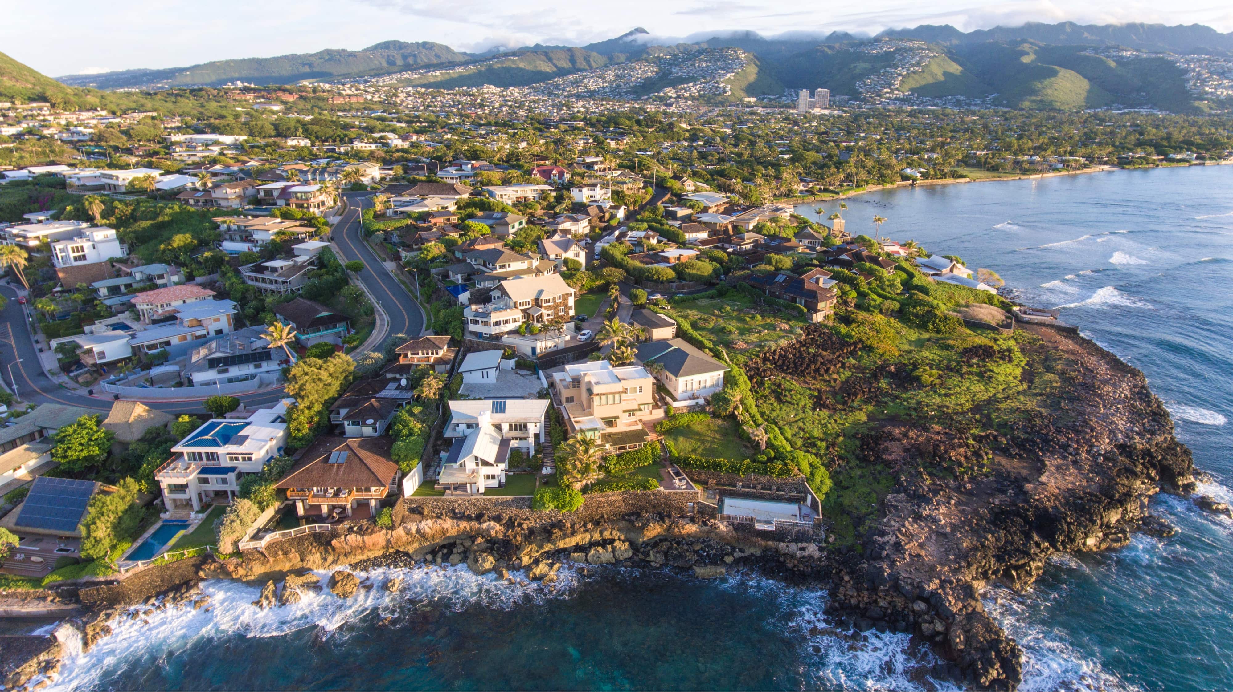 Aerial view of expensive residential housing at Black Point neighborhood in the Kahala area of east Honolulu on Oahu, Hawaii