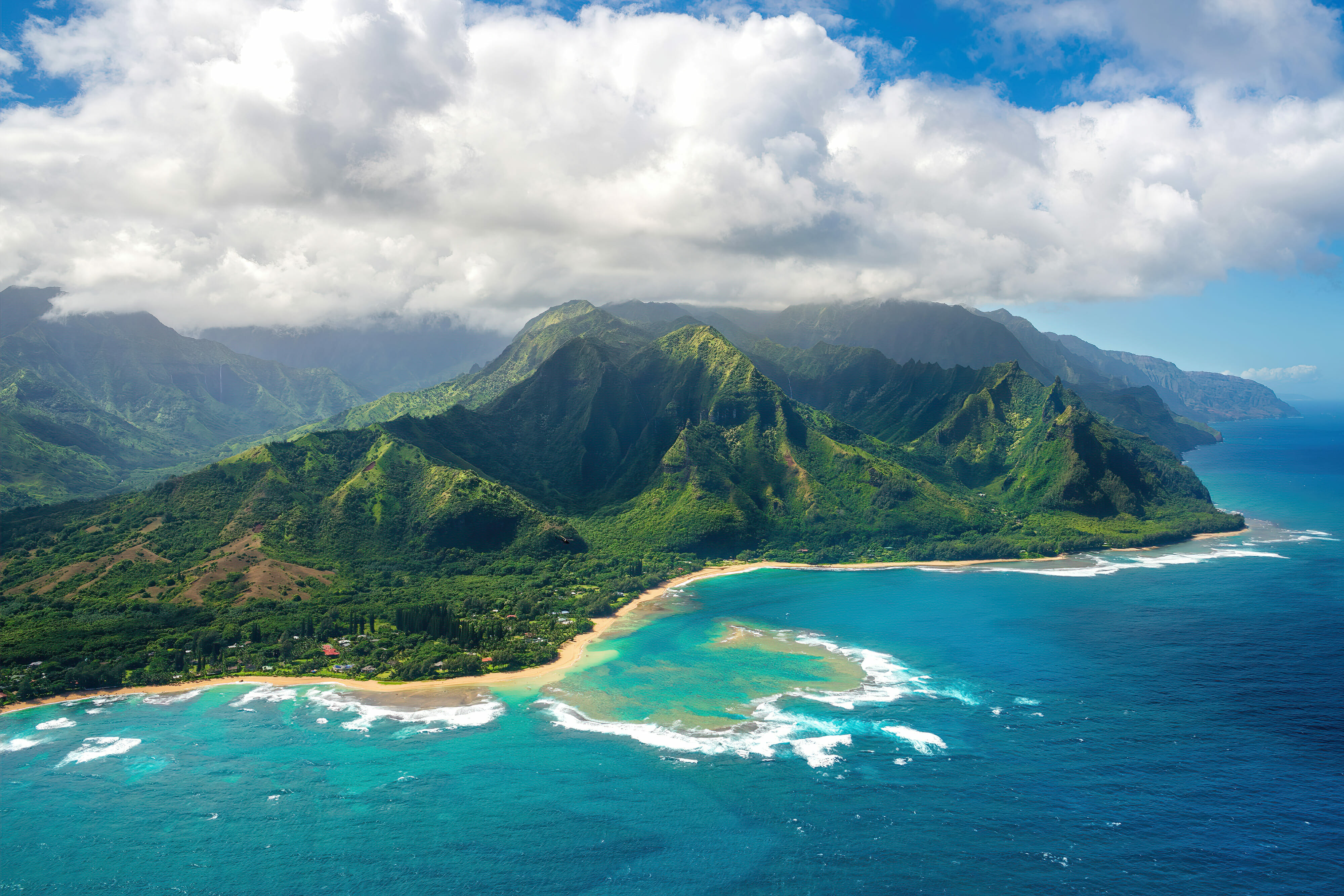 Aerial View on Napali Coast on Kauai island on Hawaii from helicopter