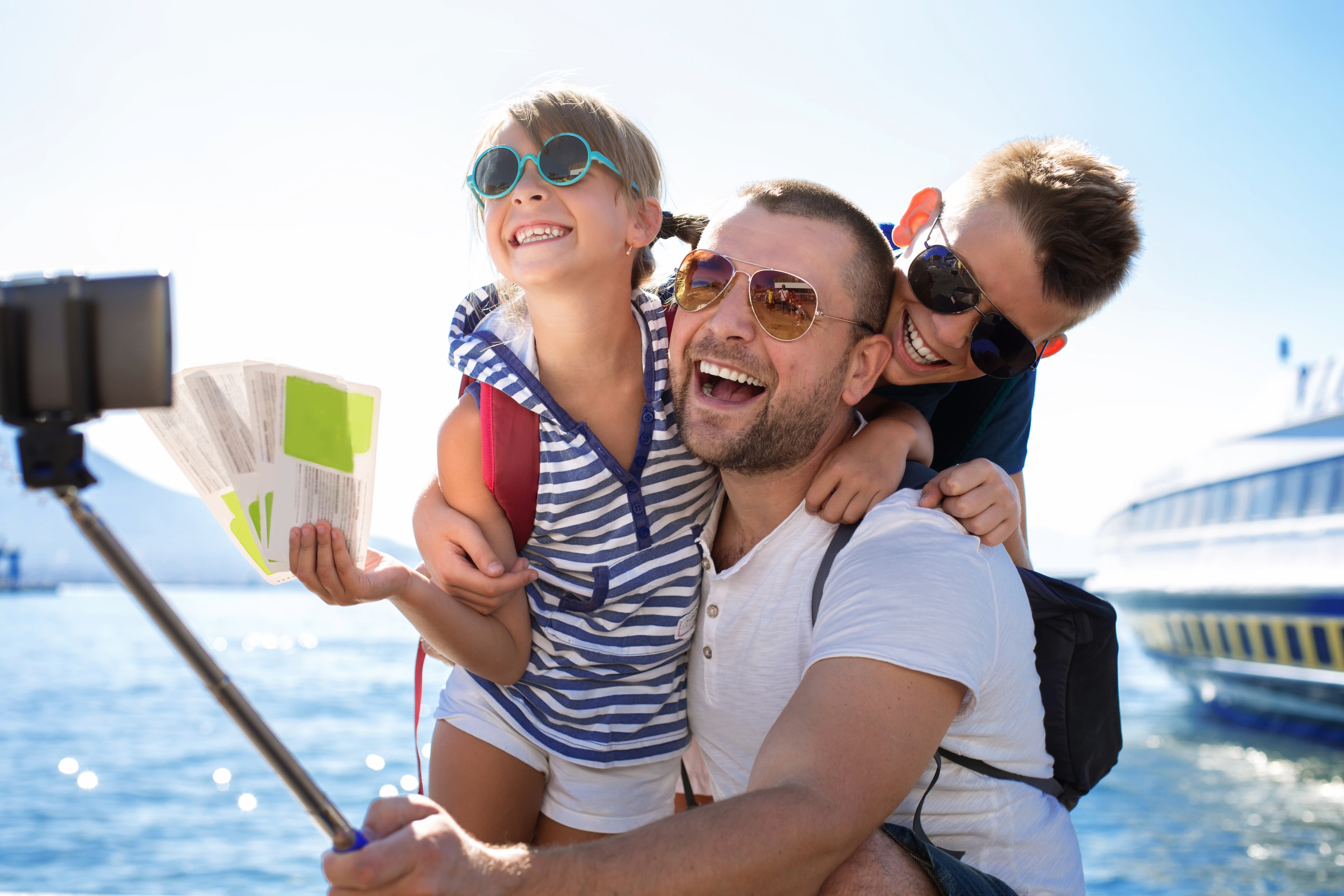 Family traveling with kids on a crusie ship in summer concept