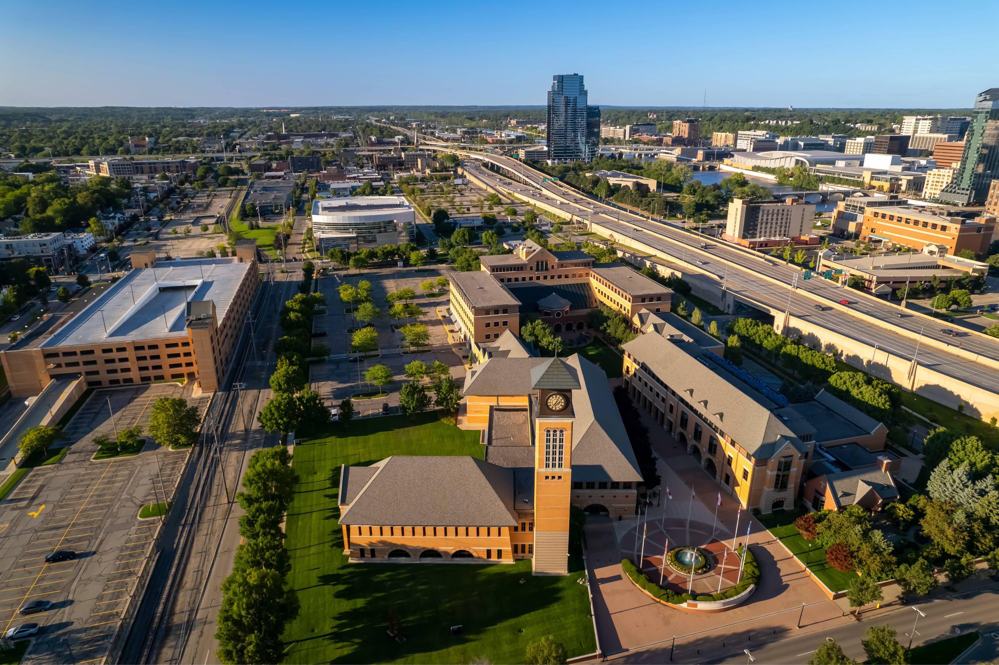 Aerial view of Grand Valley state university campus in Grand Rapids, Michigan